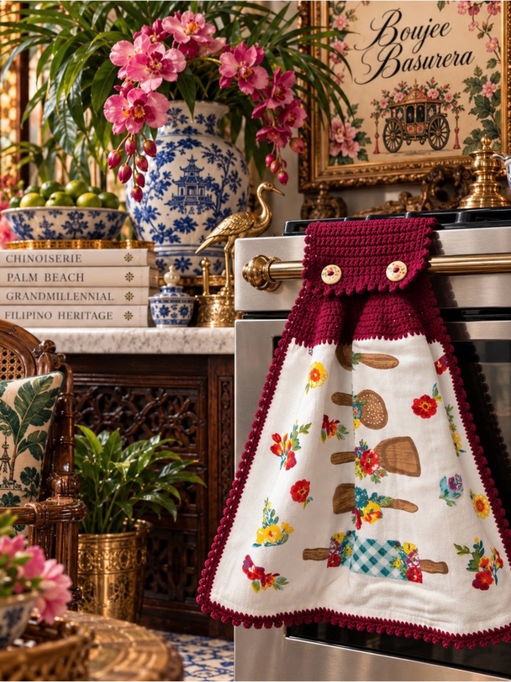 Handmade Crochet Hanging Kitchen Towel Burgundy Floral Utensils